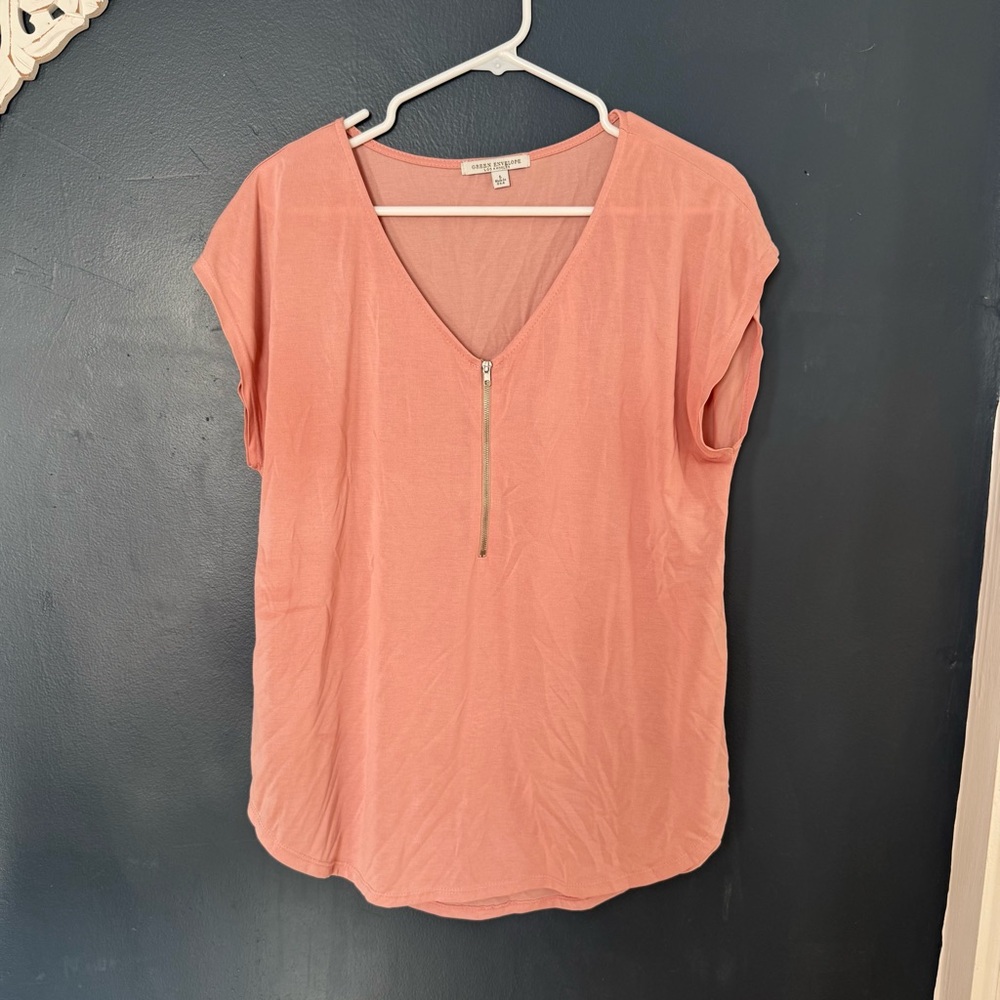 Green Envelope Coral V-Neck Blouse with Zipper